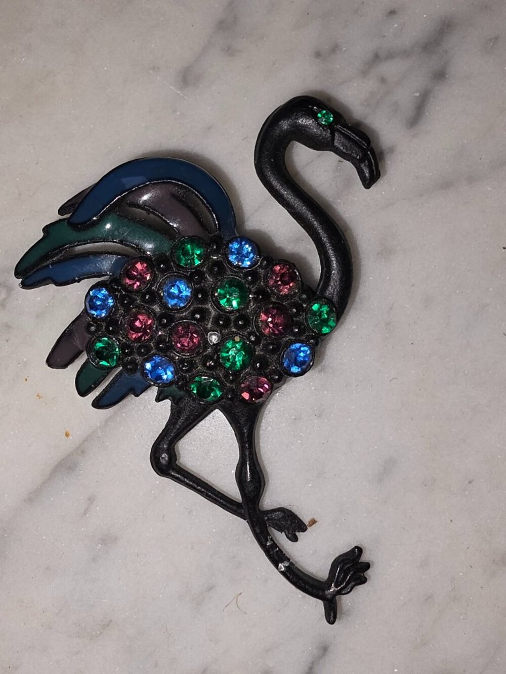 Vintage Flamingo Brooch Rhinestone Enamel Black Japanned Figural Bird Pin Retro